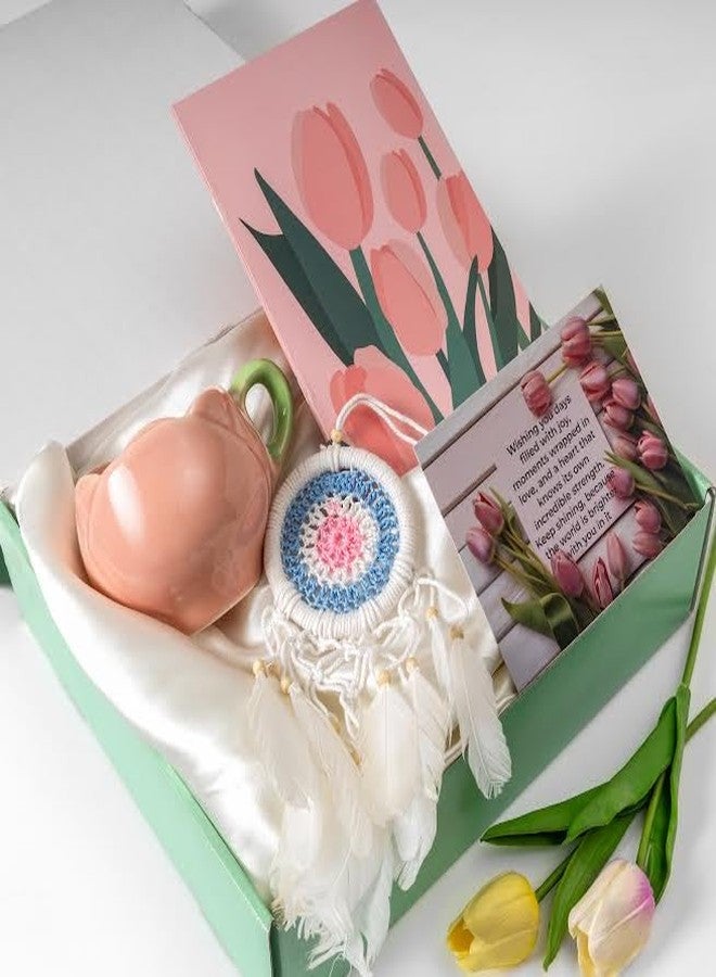 Rarejoy Gift Hamper for Women Tulip Theme Mug Handmade Dreamcatcher Thoughtful Floral Greeting Card Journal Combo Pack of 4 Corporate Valentine Womens Birthday Anniversary Gift - Image 1